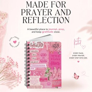 May include: A spiral-bound journal with a pink cover featuring a collage of religious text and imagery, including the phrases WWJD, God is Good, and Jesus Saves, alongside butterfly graphics and floral accents on a light pink background.