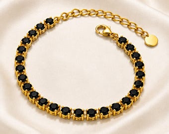 Black CZ Bracelet, Gold Plated Tennis Design with Round Cut Stones