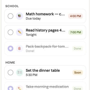 May include: Screenshot of a mobile app interface with a light purple and white color scheme. The app displays a list of tasks, including school and home activities, with completion statuses and time stamps. The text "Hey Alex!" is at the top.