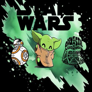 Peut inclure: Graphique sur le thème de Star Wars avec le texte "STAR WARS" en noir. L'image comprend BB-8, un personnage vert et un casque de Dark Vador avec du texte. Le fond a un effet aquarelle vert sur fond noir.