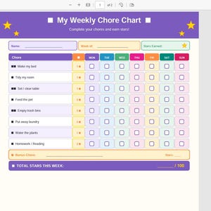 Peut inclure: Un tableau de tâches hebdomadaire imprimable avec un en-tête violet et des étoiles. Le tableau comprend des sections pour les tâches, les jours de la semaine et le suivi des étoiles. Le texte comprend "My Weekly Chore Chart" et "Complete your chores and earn stars!"