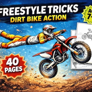 Freestyle Motocross Coloring Book for Kids Ages 7-12, Dirt Bike Tricks Coloring Pages, FMX Stunts Coloring, Printable PDF Activity, 40 Pages
