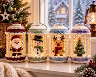 May include: Four cylindrical crochet lanterns featuring internal LED string lights and festive figures: a Santa Claus in red, a snowman in green, a reindeer in blue, and a Christmas tree in purple. Each lantern has a cream-coloured top and base.