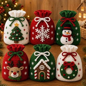 Può includere: Un set di sei sacchetti regalo all'uncinetto con chiusura a coulisse e motivi natalizi, tra cui un albero di Natale, un fiocco di neve bianco, un pupazzo di neve, una renna, una casetta di pan di zenzero e una ghirlanda, con cordino.