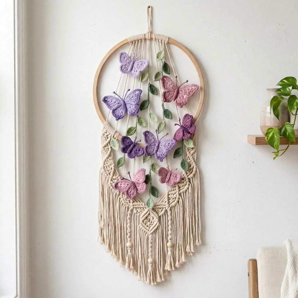 36 Hippie Crochet Patterns for Boho Outfits, Bags, Home Décor, and Gifts 9 Butterfly Wall Hanging Boho Macrame Hoop Decor