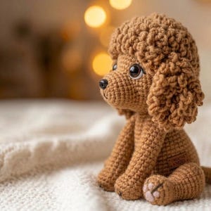 Op de afbeelding: Een handgemaakte bruine gehaakte hond met een krullend hoofd en floppy oren zit op een witte gebreide deken. De hond heeft zwarte ogen en een kleine roze neus en poten. De achtergrond is wazig met warme, onscherpe lichten.