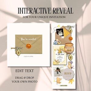 May include: A baby shower invitation design with a Winnie the Pooh theme. The design includes an envelope with the text "You're invited", a honey pot, and a photo of an ultrasound. The invitation also features the text "Edit Text" and "Drag & Drop Your Own Photo".