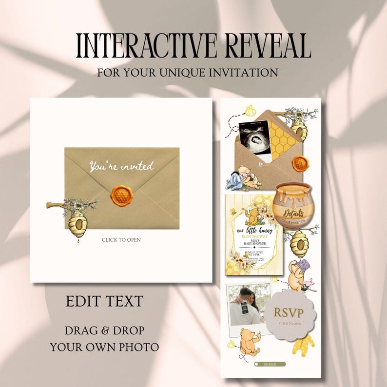 May include: A baby shower invitation design with a Winnie the Pooh theme. The design includes an envelope with the text "You're invited", a honey pot, and a photo of an ultrasound. The invitation also features the text "Edit Text" and "Drag & Drop Your Own Photo".