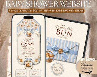 Bun In The Oven Baby Shower Invitation Website Template: Whimsical Bakery & Cafe Theme With Rsvp, Envelope Reveal, (Editable in Canva)