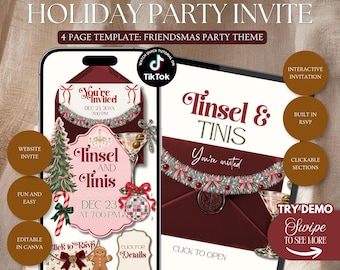 Tinsel And Tinis Invitation Website Template: Christmas Party Website Invite, Fun 2026 Holiday theme With Built In Rsvp (Editable in Canva)