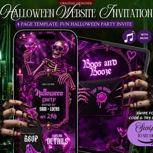 May include: A digital Halloween website invitation template featuring a purple and black theme with a skeleton holding a martini glass, text reading Halloween party hosted by Sam and Lucas Oct 29th, Boos and Booze, and interactive RSVP and details buttons.