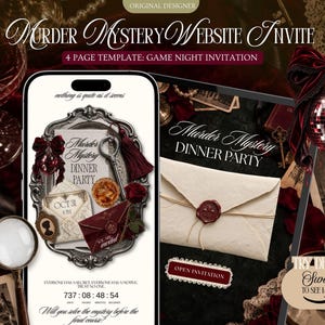 May include: A digital 4-page murder mystery website invitation template displayed on two smartphone screens. The design features a vintage silver frame, a wax-sealed envelope, a key, a red rose, and text including Murder Mystery Dinner Party.