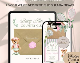 New To The Club Baby Shower Website Invitation Template: Pink Tennis Social Club Theme (Editable in Canva)