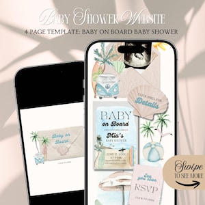 May include: A mobile phone displays a baby shower website template with a beach theme. The design includes illustrations of a VW van, palm trees, surfboards, and a seashell. Text includes "Baby on Board" and "RSVP".