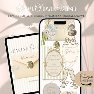 May include: A digital template for a bridal shower website, featuring a design with pearls and prosecco. The design includes an invitation, details, and a "Swipe to See More" prompt. The color scheme is cream and gold.