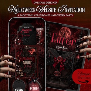 May include: A digital Halloween website invitation template displayed on a smartphone and tablet screen. The design features dark red and black gothic aesthetics, including a wax-sealed envelope, a skull, and text reading Halloween Night Party.