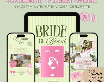 Destination Girls Trip Bachelorette Website Template: Bride on Board Passport Vibes Itinerary With Rsvp Tracking (Canva Template)