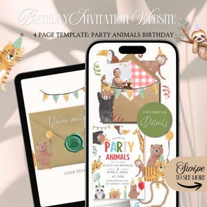 May include: A digital invitation template for a birthday party. The design features a tablet and a phone displaying the invitation. The invitation includes cartoon animals, a baby photo, and the text "Party Animals". The invitation is for Elliot's 1st birthday.