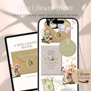 May include: A digital baby shower website template displayed on a tablet and phone. The design features floral elements, books, envelopes with wax seals, and the text "A New Chapter Begins". Includes the text "Baby Shower Website".