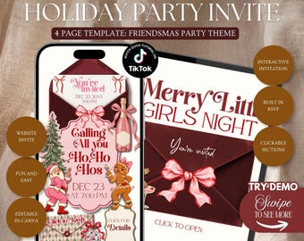 Merry Little Girls Night Invitation Website Template: Girlsmas Website Invite, Funny Pink Santa Theme With Built In Rsvp (Editable in Canva)