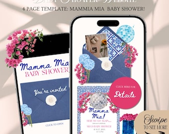 Mamma Mia A Baby Is On The Way Baby Shower Website Invitation Template: European Summer Theme With Rsvp Tracking (Canva Template)