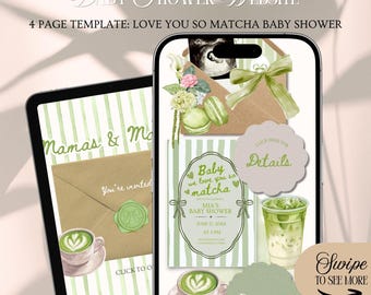 Mamas & Matchas Baby Shower Website Invitation Template: Love You So Matcha Theme With Rsvp Tracking (Canva Template)