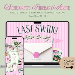 Puede incluir: Un portátil y un smartphone muestran una plantilla de sitio web para una despedida de soltera a rayas rosas y blancas. La pantalla del portátil dice "Last Swing Before the Ring". El smartphone muestra un collage de fotos y texto.
