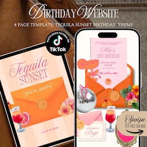 May include: A digital template for a birthday website with a "Tequila Sunset" theme. The design features an orange envelope with a wax seal, a cocktail, and floral accents. The text includes "Birthday Website" and "Swipe to see more."