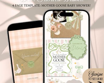 Plantilla de invitación web para baby shower con temática de Mamá Ganso: Tema divertido de Ganso con seguimiento de asistencia (editable en Canva)