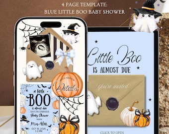 Blue Little Boo Is Almost Due Baby Shower Website Invitation Template: Boy Fall Spooky Cute Halloween Theme With Rsvp (Canva Template)