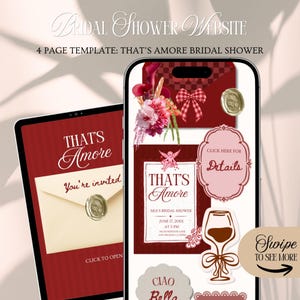 Puede incluir: Una plantilla digital de sitio web para una despedida de soltera en una tableta y un teléfono inteligente. El diseño presenta un esquema de color rojo y crema con el texto "That's Amore" y "You're Invited". El teléfono inteligente muestra los detalles del evento.