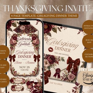 May include: A digital Thanksgiving invitation template featuring a Girlsgiving dinner theme. The design includes floral accents in deep red and cream, dark red bows, and text reading Girlfriends and Gratitude, Girlsgiving Dinner, Nov 28, 7:00 PM.