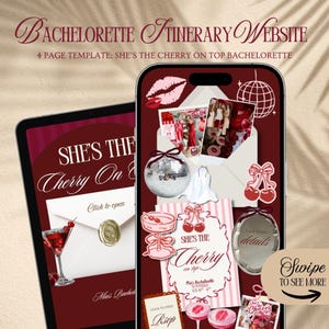 Könnte beinhalten: Eine digitale Vorlage für eine Junggesellinnenabschied-Website, angezeigt auf einem Smartphone und Tablet. Das Design zeigt ein tiefrotes Farbschema mit Grafiken von Kirschen, Discokugeln, Cocktails und Umschlägen. Der Text umfasst "Bachelorette Itinerary Website" und "She's the Cherry on Top".
