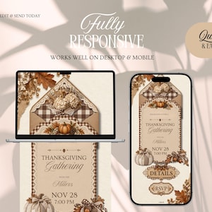 May include: A laptop and a smartphone displaying a digital Thanksgiving invitation template. The design features a brown plaid envelope, pumpkins, and autumn leaves. Text includes "THANKSGIVING GATHERING," "NOV 28," "7:00 PM," "DETAILS," and "RSVP."