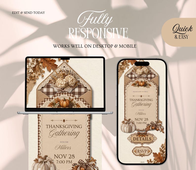 May include: A laptop and a smartphone displaying a digital Thanksgiving invitation template. The design features a brown plaid envelope, pumpkins, and autumn leaves. Text includes "THANKSGIVING GATHERING," "NOV 28," "7:00 PM," "DETAILS," and "RSVP."