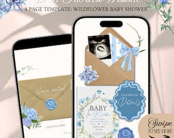 Boy Baby In Bloom Baby Shower Website Invitation Template: Blue Wildflower Theme With Rsvp (Editable in Canva)