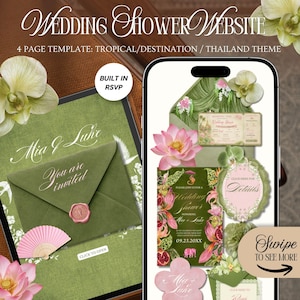 May include: A digital wedding shower website template featuring a tropical Thailand theme with pink lotus flowers, green envelopes, wax seals, and a boarding pass design. The interface includes buttons for RSVP and details, displayed on a smartphone screen.