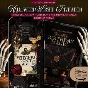 May include: A digital Halloween website invitation template featuring a dark aesthetic with text reading "Witches Don't Age," "Midnight Margs," and "You Are Summoned To A Night Of Birthday Magic." The design includes a disco ball, cocktail, and wax seal.