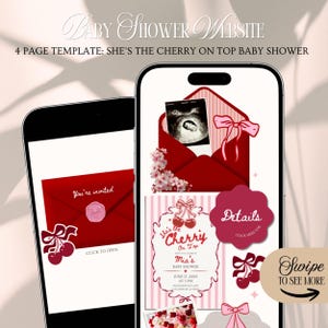 Puede incluir: Un teléfono móvil muestra una plantilla de sitio web para baby shower con un diseño de sobre rojo, ilustraciones de cerezas y el texto "She's the Cherry on Top Baby Shower". La plantilla incluye detalles y una invitación.