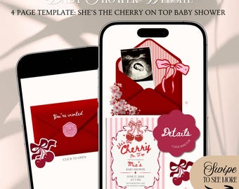 Mall för webbinbjudningar till babyshower med körsbärsmotiv: Rött och rosa körsbärstema med RSVP-spårning (Canva-mall)