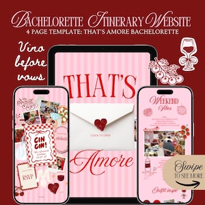 May include: A digital template for a bachelorette itinerary website, featuring a tablet and two smartphones. The design is pink and white with the words "That's Amore" and "Vina before vows". The phones display itinerary details.