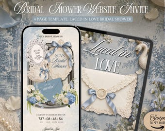 Swan Laced In Love Bridal Shower Invitation Website Template: Blue Lace Swan Theme With Rsvp Tracking (Editable in Canva)