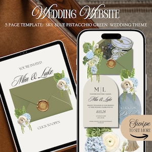 May include: A digital wedding website template displayed on a tablet and smartphone, featuring a sky blue and pistachio green color palette, floral illustrations, a wax seal graphic, and text including Mia & Luke and 11.13.28.