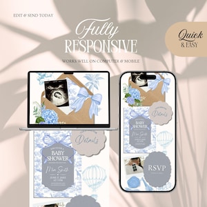 May include: A baby shower invitation design displayed on a laptop and smartphone. The design features a baby ultrasound image, blue floral accents, and the text "Fully Responsive." Additional text includes "Baby Shower" and "RSVP."