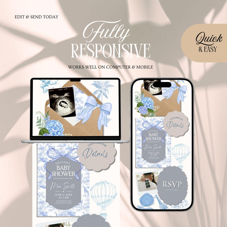 May include: A baby shower invitation design displayed on a laptop and smartphone. The design features a baby ultrasound image, blue floral accents, and the text "Fully Responsive." Additional text includes "Baby Shower" and "RSVP."