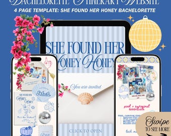 May include: A digital bachelorette itinerary website template, featuring a tablet and two smartphones. The design includes the text "SHE FOUND HER HONEY" in elegant script, with floral and seashell accents. The color scheme is blue and white.