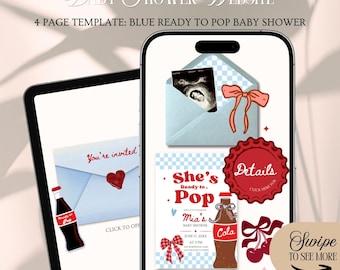 Blue She's Ready To Pop Baby Shower Website Invitation Template: Boy Soda Theme (Editable in Canva)