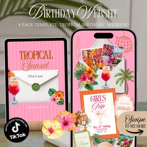 May include: Pink digital template for a tropical birthday website, featuring a tablet and phone mockup. The design includes the text "Birthday Website" and "Tropical Sunset." Decorative elements include cocktails, flowers, and a palm tree.