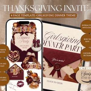 Könnte beinhalten: Eine digitale Thanksgiving-Einladungsvorlage für eine Girlsgiving-Dinnerparty auf einem Smartphone- und Tablet-Bildschirm. Das Design zeigt dunkelrote Umschläge, Weingläser, einen Kuchen und Kerzen mit dem Text Girlsgiving Dinner Party.