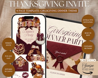 Girlsgiving Charcuterie Invitation Website Template: Thanksgiving Girls Night Dinner Potluck Theme Rsvp, Envelope Reveal (Editable in Canva)